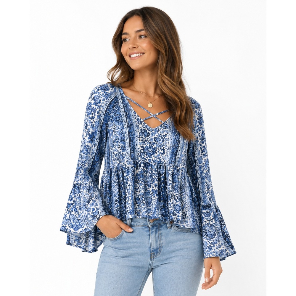 True Craft Blue White Paisley Peplum Blouse Bell Sleeve Boho Top Small
